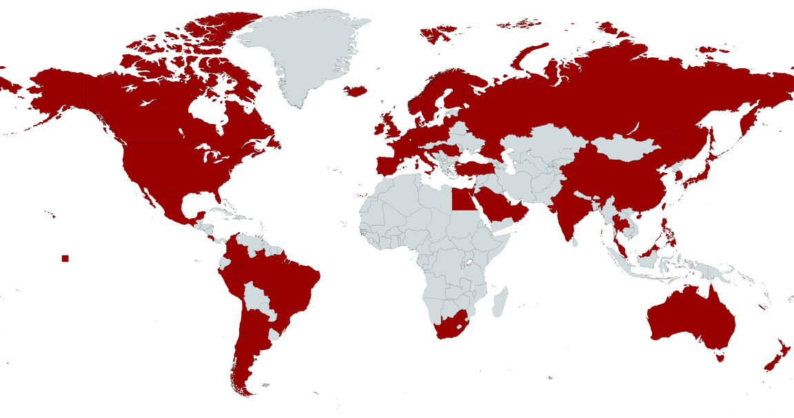 World map with colored countries for Thunderhead software customers.