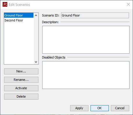 The Edit Scenarios dialog provides a window for organizing the disabled objects of each scenario.