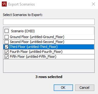 Dialog to confirm which scenarios should be included in the export.
